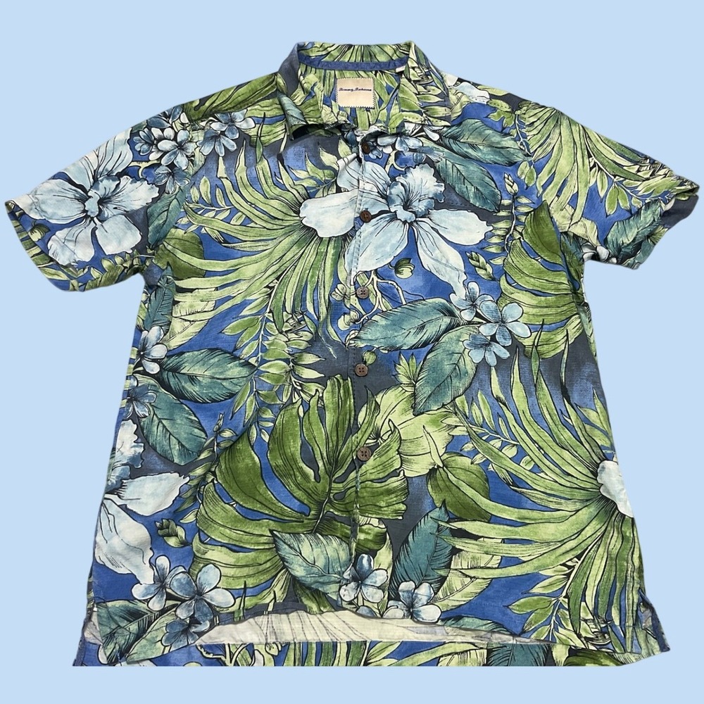 Tommy Bahama 100% Silk Short Sleeve Hawaiian Floral Button Down Shirt Mens Med M